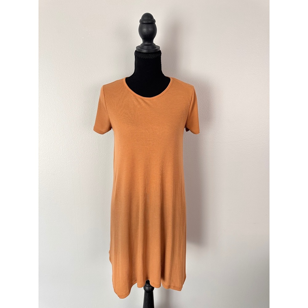 Forever 21 Womens Ribbed Short Sleeve Shift T-Shirt Dress Orange Camel Small